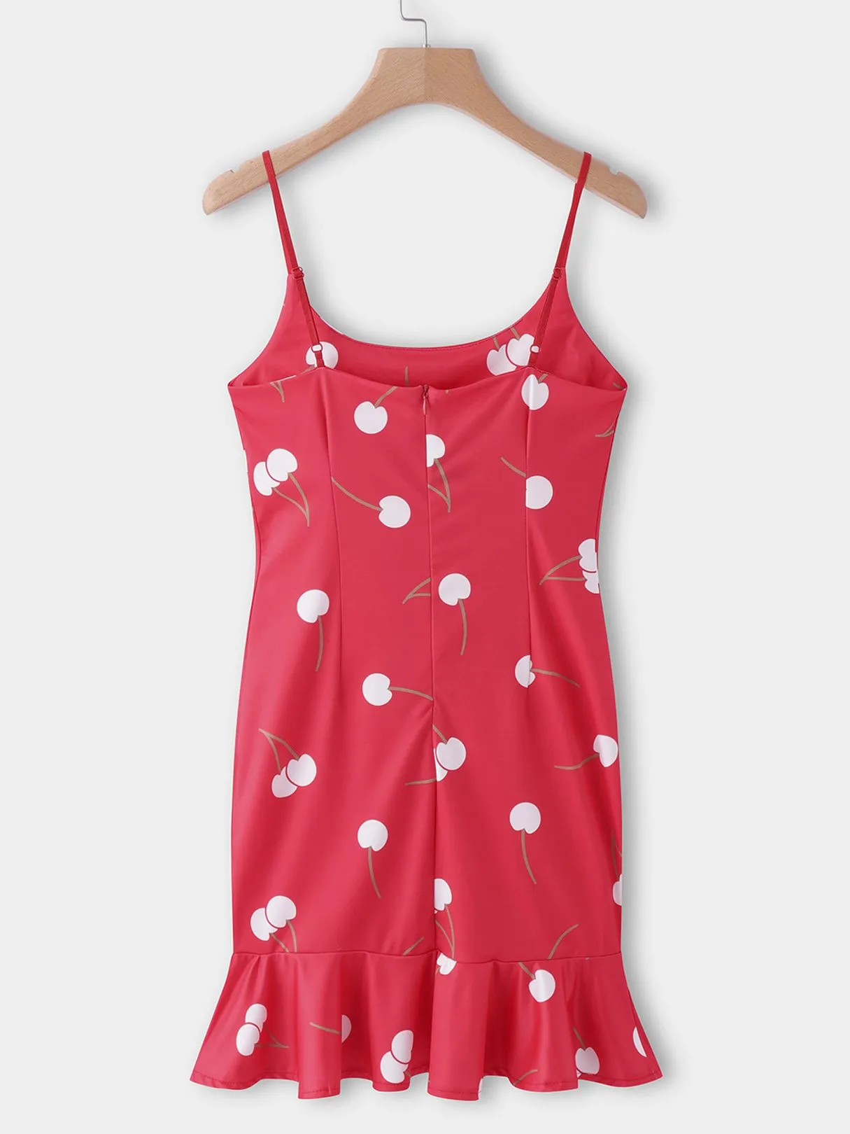 Wholesale Red Scoop Neck Sleeveless Floral Print Zip Back Spaghetti Strap Flounced Hem Casual Dresses