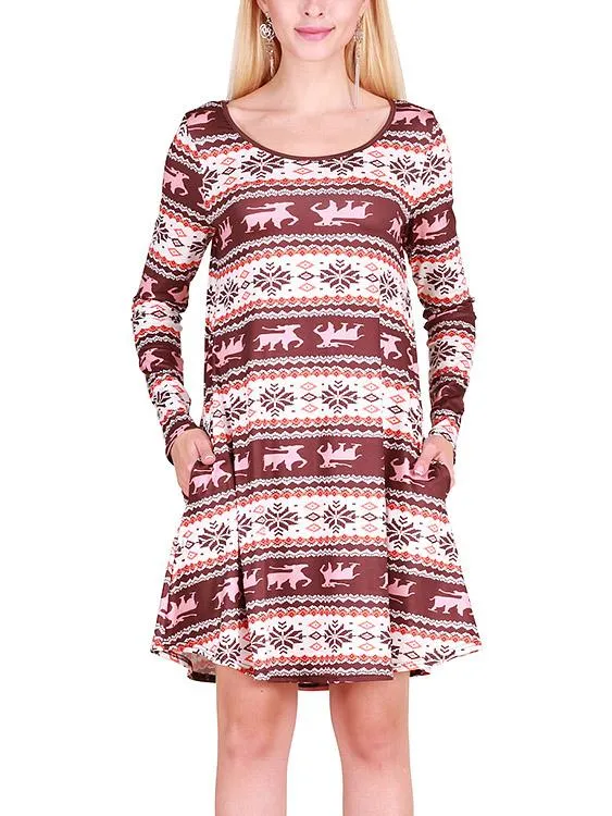 Wholesale Round Neck Geometrical Fashion Long Sleeve Casual Dresses