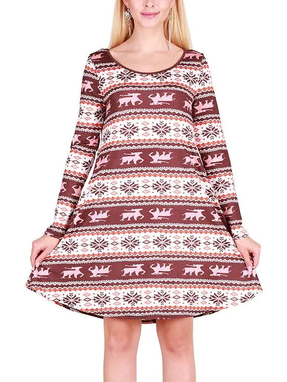 Wholesale Round Neck Geometrical Fashion Long Sleeve Casual Dresses