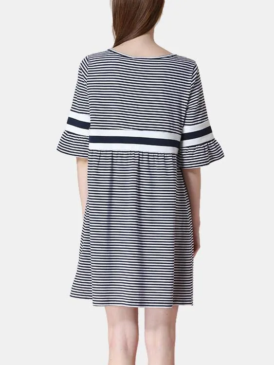 Wholesale Round Neck Half Sleeve Stripe Zip Back Casual Dresses