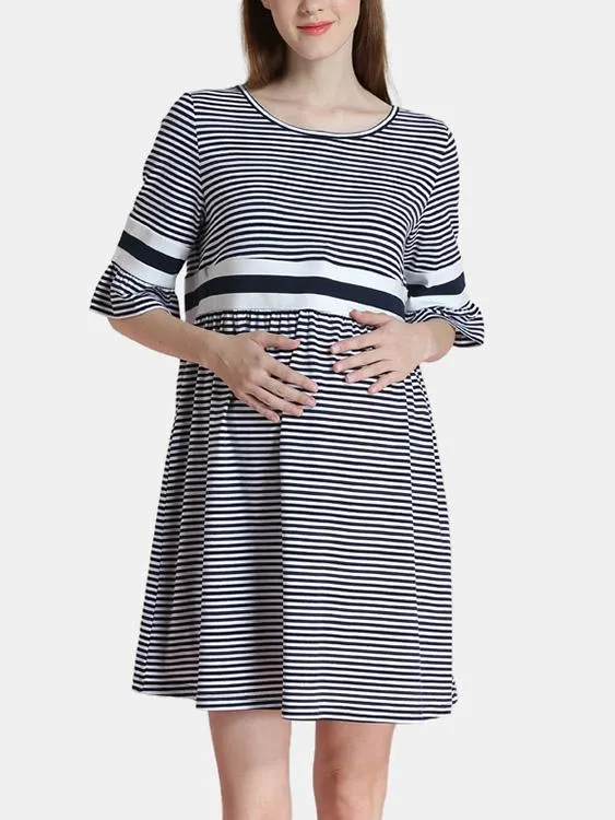 Wholesale Round Neck Half Sleeve Stripe Zip Back Casual Dresses