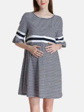 Wholesale Round Neck Half Sleeve Stripe Zip Back Casual Dresses