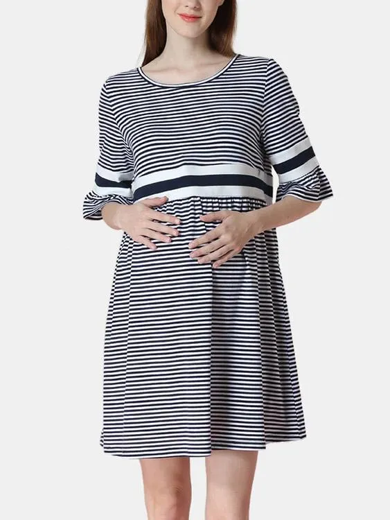 Wholesale Round Neck Half Sleeve Stripe Zip Back Casual Dresses