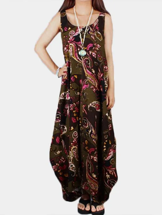 Wholesale Round Neck Sleeveless Scarf Print Side Pockets Casual Dresses