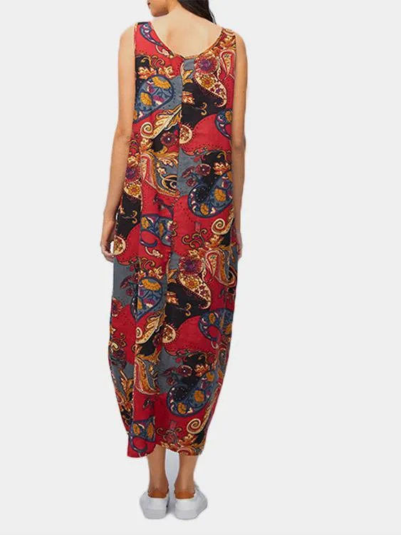 Wholesale Round Neck Sleeveless Scarf Print Side Pockets Casual Dresses