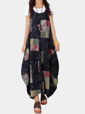 Wholesale Round Neck Sleeveless Scarf Print Side Pockets Casual Dresses