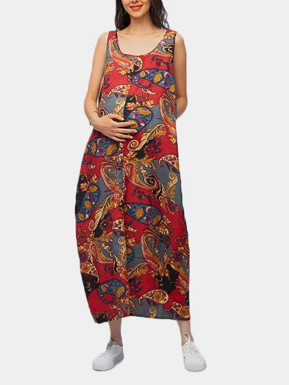 Wholesale Round Neck Sleeveless Scarf Print Side Pockets Casual Dresses