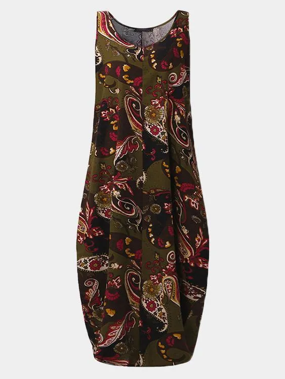 Wholesale Round Neck Sleeveless Scarf Print Side Pockets Casual Dresses