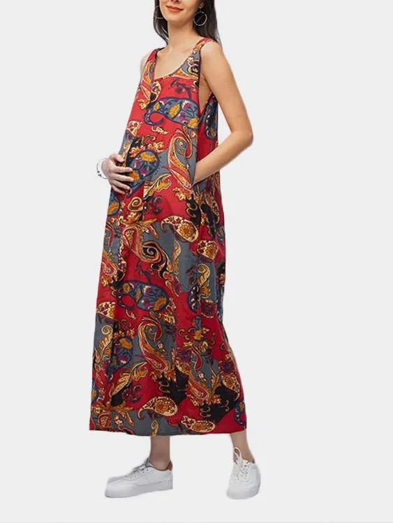 Wholesale Round Neck Sleeveless Scarf Print Side Pockets Casual Dresses