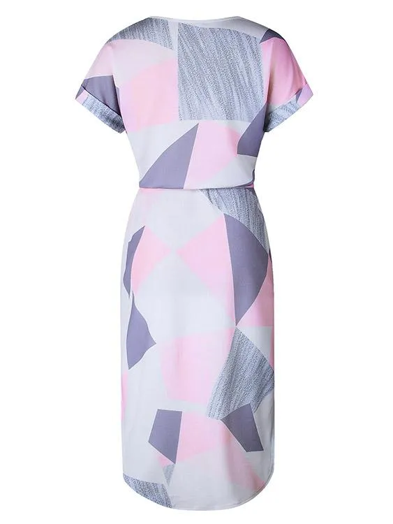 Wholesale Short Sleeve Geometrical Lace-Up Slit Hem Casual Dress