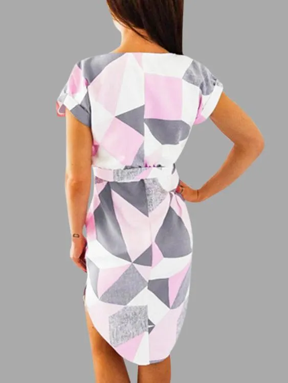 Wholesale Short Sleeve Geometrical Lace-Up Slit Hem Casual Dress