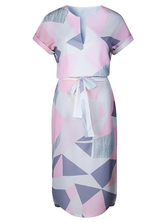 Wholesale Short Sleeve Geometrical Lace-Up Slit Hem Casual Dress