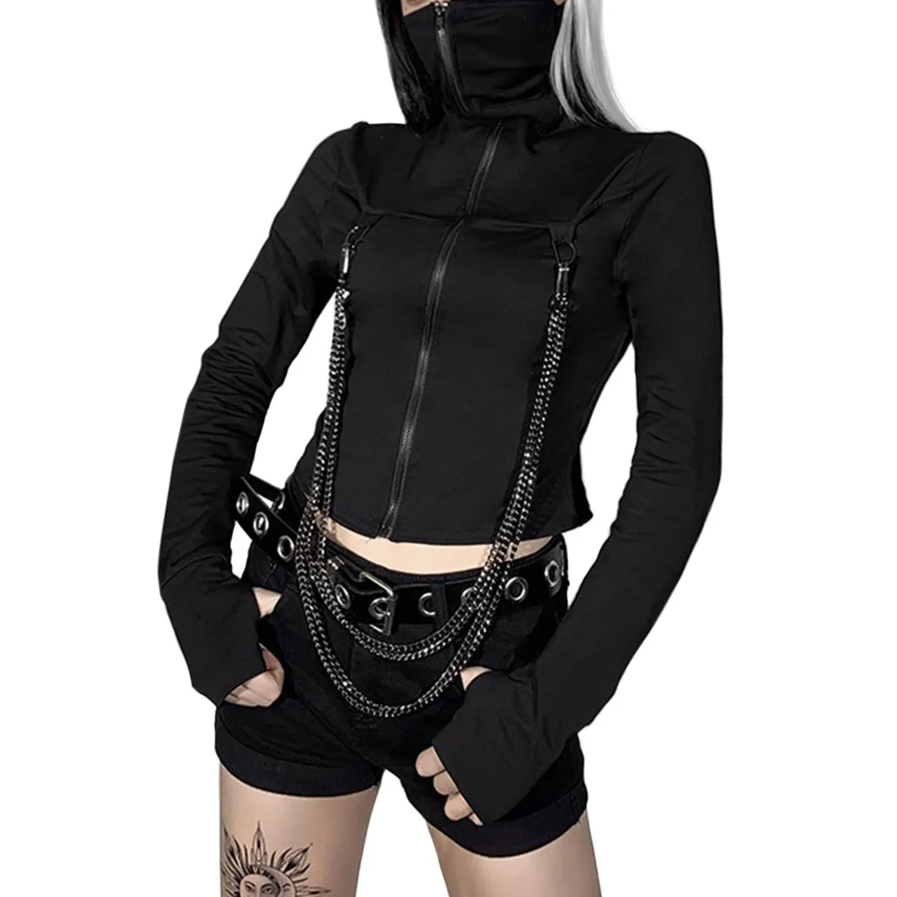 WLS Techwear Chain Turtleneck Zip Up Long Sleeve Tee