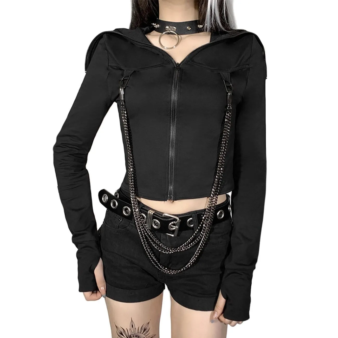 WLS Techwear Chain Turtleneck Zip Up Long Sleeve Tee